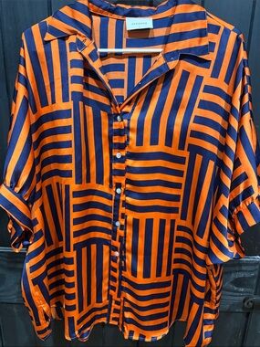 Adrienne Orange & Navy Geometric Silk-Look Button Shirt